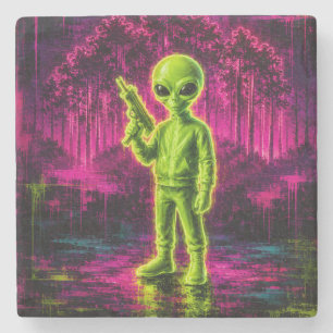 Retro Neon Alien Art Stone Coaster