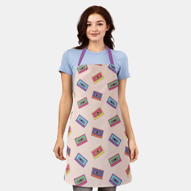 Retro Neon Audio Cassette Tape Pattern Apron (Worn)