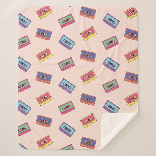 Retro Neon Audio Cassette Tape Pattern Sherpa Blanket (Front)