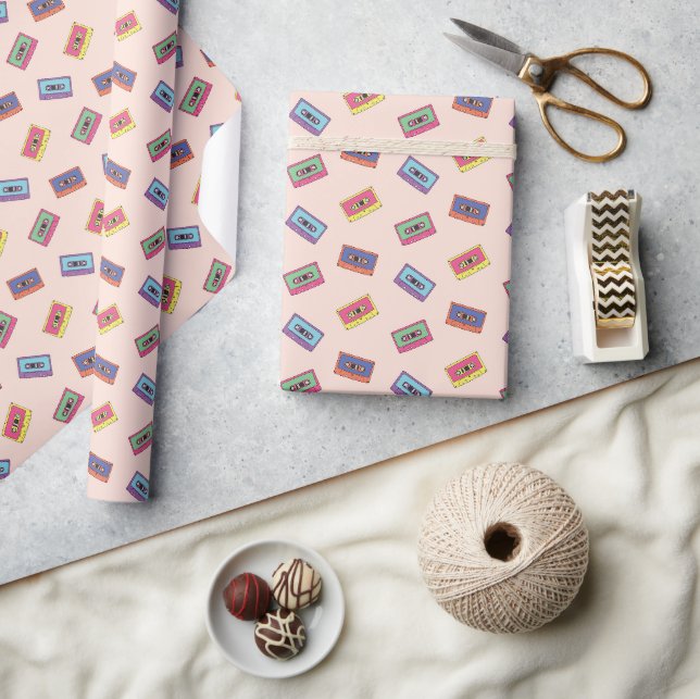 Retro Neon Audio Cassette Tape Pattern Wrapping Paper (Crafts)