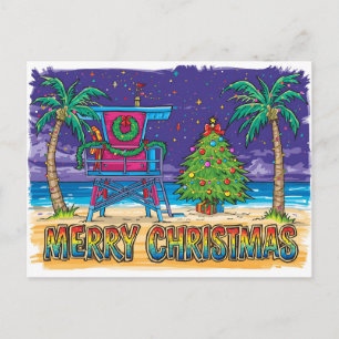 Retro Neon Beach Lifeguard Christmas Holiday Postcard