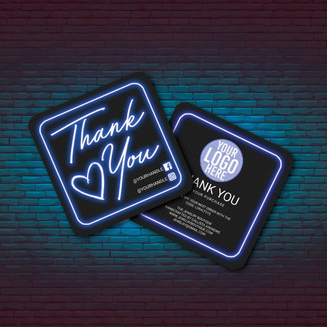 Retro Neon Blue Lighted Sign Customer Thank You Square Business Card (Creator Uploaded)