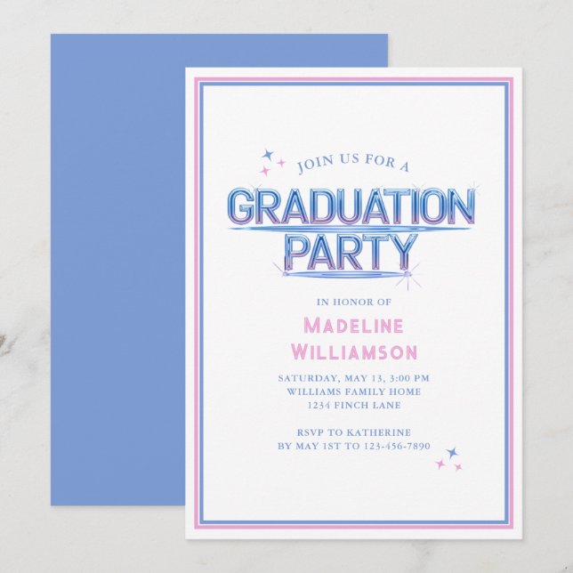 Retro Neon Blue Pink Graduation Party Invitation (Front/Back)