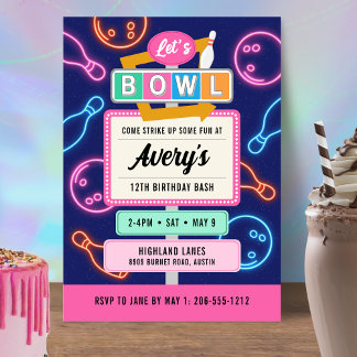 Retro Neon Bowling Invitation For Girl's Birthday