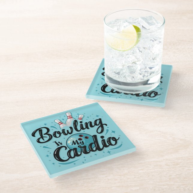  Retro Neon "Bowling Is My Cardio" Funny Bowling Glass Coaster (Angled)