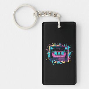 Retro Neon Cassette Tape with Vibrant Splash Key Ring