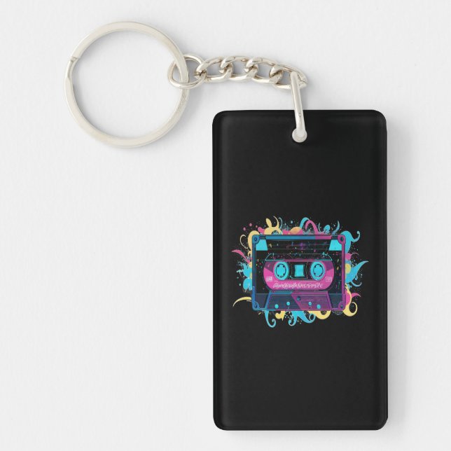 Retro Neon Cassette Tape with Vibrant Splash Key Ring (Front)