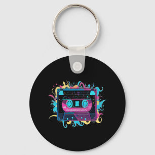 Retro Neon Cassette Tape with Vibrant Splash Key Ring