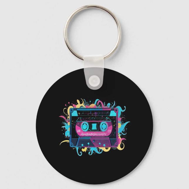 Retro Neon Cassette Tape with Vibrant Splash Key Ring (Front)