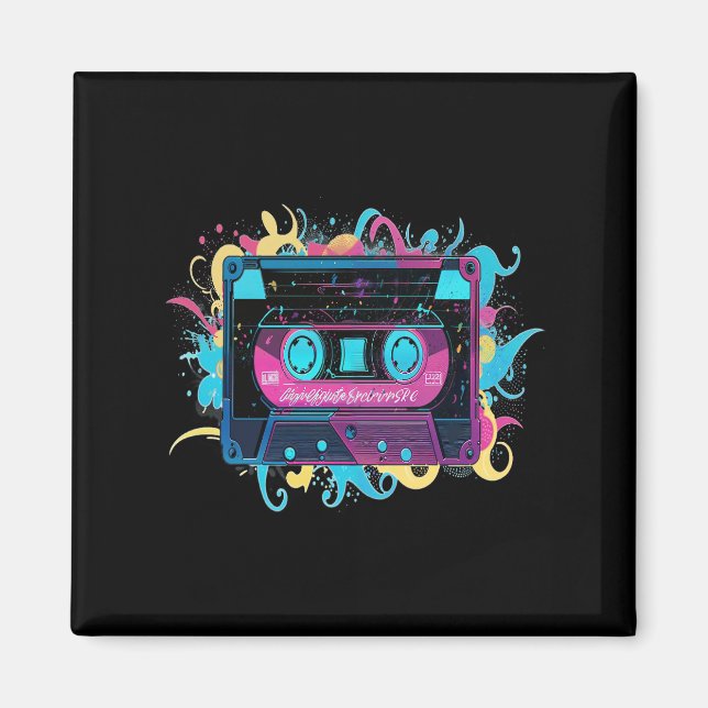 Retro Neon Cassette Tape with Vibrant Splash Magnet (Front)