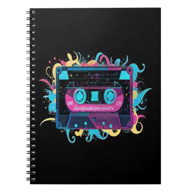 Retro Neon Cassette Tape with Vibrant Splash Notebook (Front)