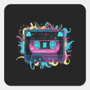 Retro Neon Cassette Tape with Vibrant Splash Square Sticker