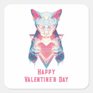 Retro Neon Cat Valentine`s Day  Square Sticker
