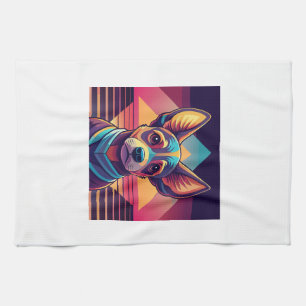 Retro Neon Chihuahua � Vibrant Synthwave Dog Art Tea Towel