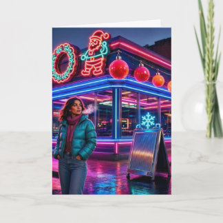 Retro Neon Christmas Diner | Vertical Holiday Card