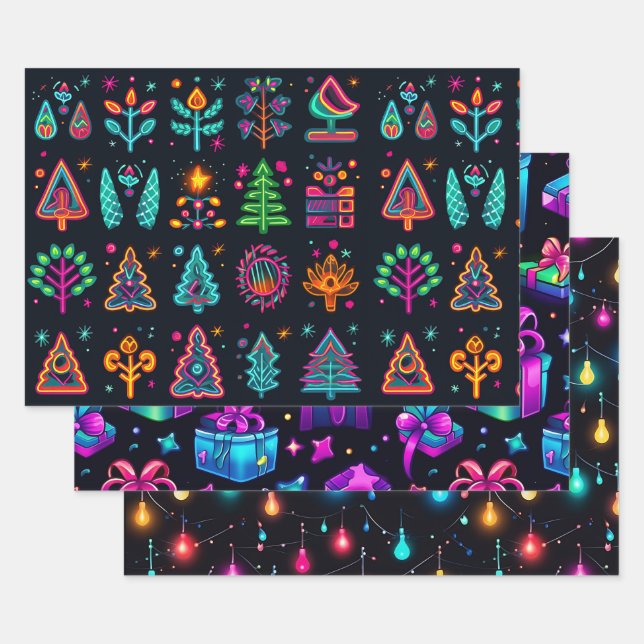 Retro Neon Christmas Wrapping Paper Sheet (Set)