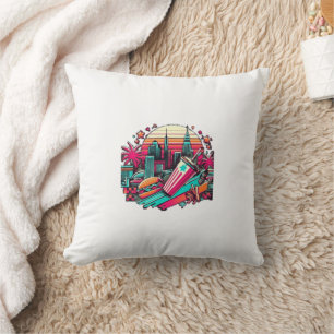 Retro Neon Cityscape with Fast Food Vibes Cushion