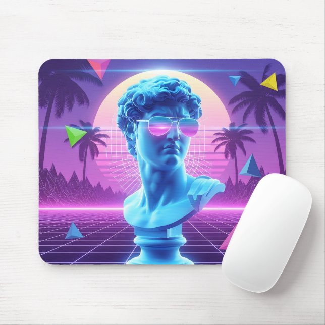 Retro Neon David Statue Surreal Palm Tree Mouse Pad (With Mouse)
