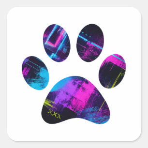 Retro Neon Dog Paw Square Sticker