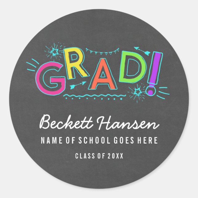Retro Neon Doodles Chalkboard Graduation Classic Round Sticker (Front)