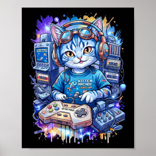 Retro Neon Gamer Kitten Pop Art Poster