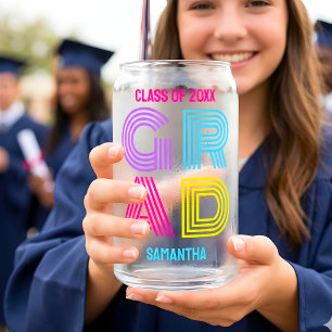 Retro Neon Grad Graduation Can Glass