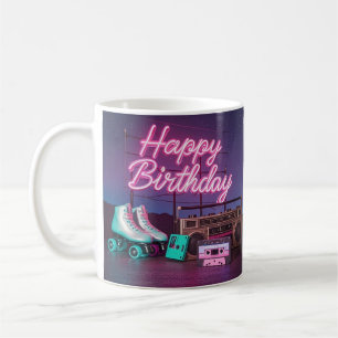 Retro neon Happy Birthday sign in pink and teal Coffee Mug