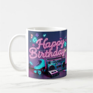 Retro neon Happy Birthday sign in pink and teal Coffee Mug