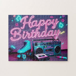 Retro neon Happy Birthday sign in pink and teal Jigsaw Puzzle