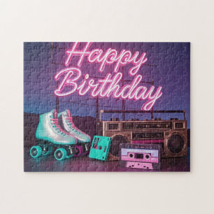 Retro neon Happy Birthday sign in pink and teal Jigsaw Puzzle