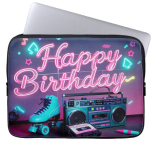 Retro neon Happy Birthday sign in pink and teal Laptop Sleeve