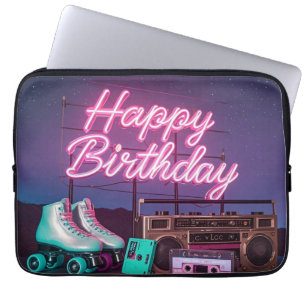 Retro neon Happy Birthday sign in pink and teal Laptop Sleeve