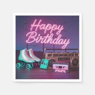 Retro neon Happy Birthday sign in pink and teal Napkin