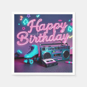 Retro neon Happy Birthday sign in pink and teal Napkin