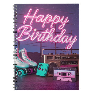 Retro neon Happy Birthday sign in pink and teal Notebook