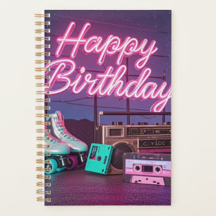 Retro neon Happy Birthday sign in pink and teal Planner