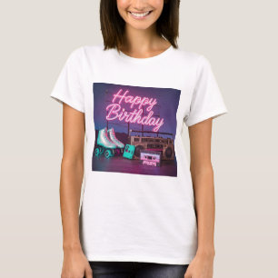 Retro neon Happy Birthday sign in pink and teal T-Shirt