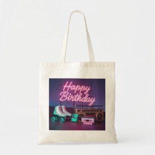 Retro neon Happy Birthday sign in pink and teal Tote Bag