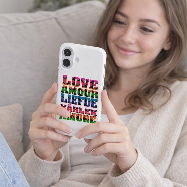 Retro Neon Heart Pattern Typography Love Graphic  Case-Mate iPhone Case (A phone case that says love in English, French, Dutch, Swedish and Italian with neon hearts.)