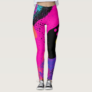 Retro Neon Hot Pink Cyan Abstract Pop Art Leggings