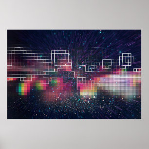 Retro neon lights and geometric seamless pattern poster