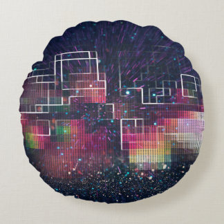 Retro neon lights and geometric seamless pattern round cushion