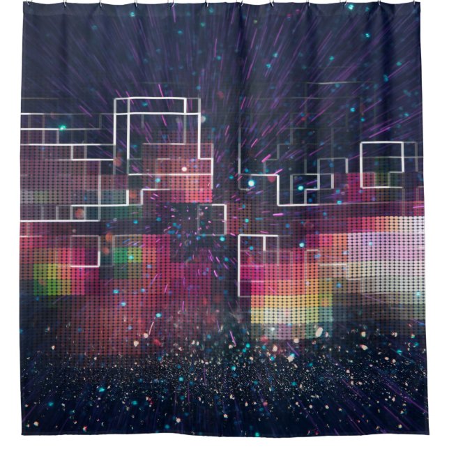 Retro neon lights and geometric seamless pattern shower curtain (Front)