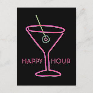Retro Neon Martini Happy Hour Postcard