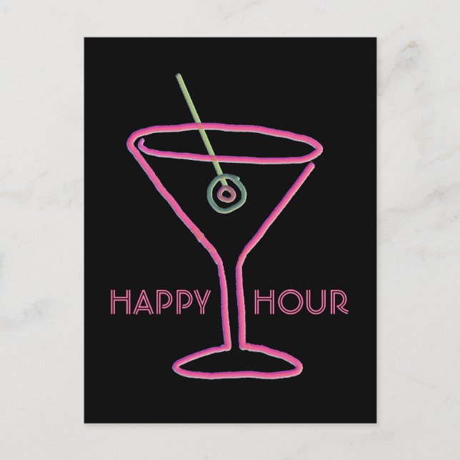 Retro Neon Martini Happy Hour Postcard (Front)