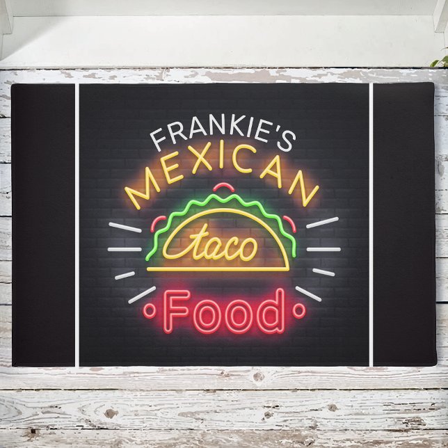 Retro Neon Mexican Food Taco Personalised Diner Doormat (Creator Uploaded)