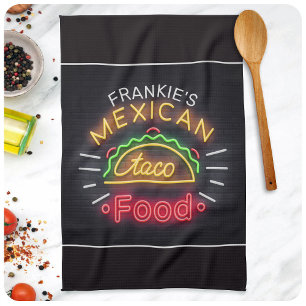 Retro Neon Mexican Food Taco Personalised Diner Tea Towel