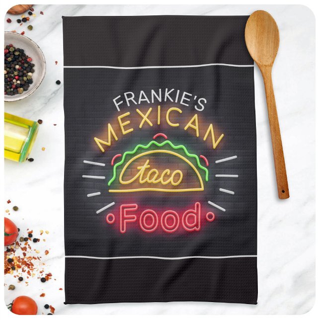 Retro Neon Mexican Food Taco Personalised Diner Tea Towel (Creator Uploaded)