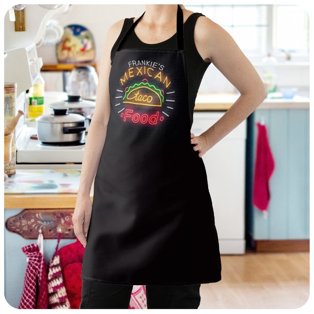 Retro Neon Mexican Food Taco Personalized Diner Apron (Creator Uploaded)