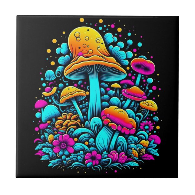 Retro Neon Mushrooms and Flowers Ai Art Ceramic Tile (Front)
